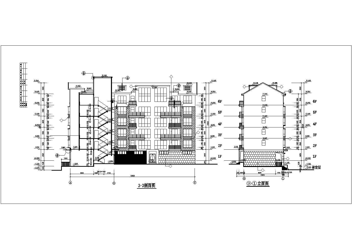 某小区6层框混结构住宅楼立剖面设计CAD图纸（底层商用/含阁楼）