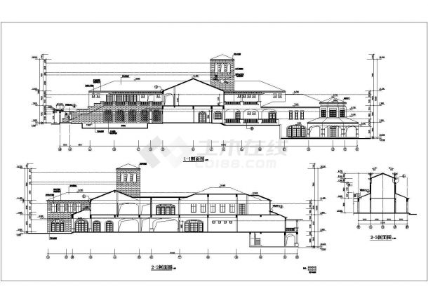 杭州市某商业街2300平米3层框混结构休闲会所建筑设计CAD图纸-图二