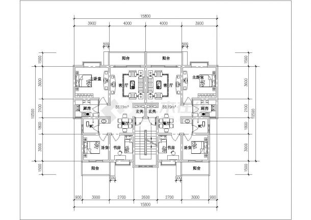 某新建小区87-94平米左右经典热门的平面户型设计CAD图纸（4张）-图一
