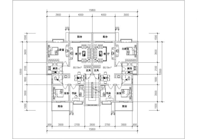 某新建小区87-94平米左右经典热门的平面户型设计CAD图纸（4张）_图1