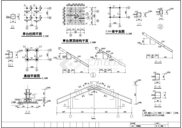 某经典公园亭台建筑详细施工设计方案CAD图纸-图一