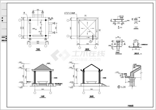 某经典亭、长廊、围墙全套建筑详细施工设计方案CAD图纸-图二