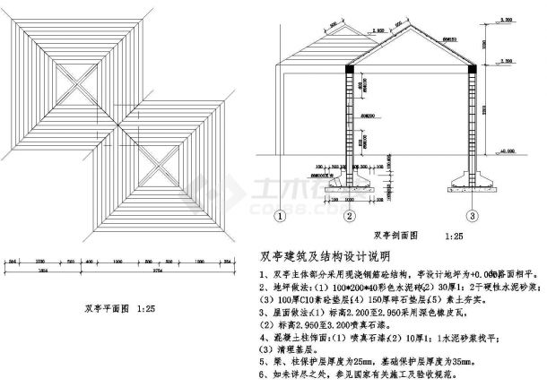 某经典双亭建筑详细施工设计方案CAD图纸-图一