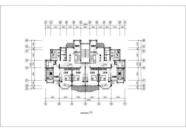 1千平米左右4层砖混结构住宅楼平立面设计CAD图纸（1层2户）-图一