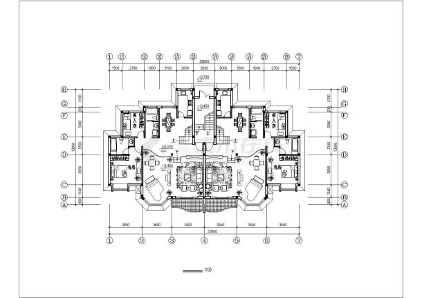 1千平米左右4层砖混结构住宅楼平立面设计CAD图纸（1层2户）-图二