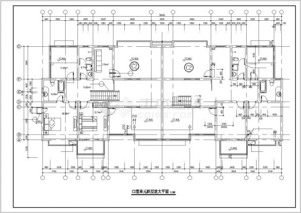 1400平米左右6层混合结构住宅楼平面设计CAD图纸（1层2户/含跃层）-图一