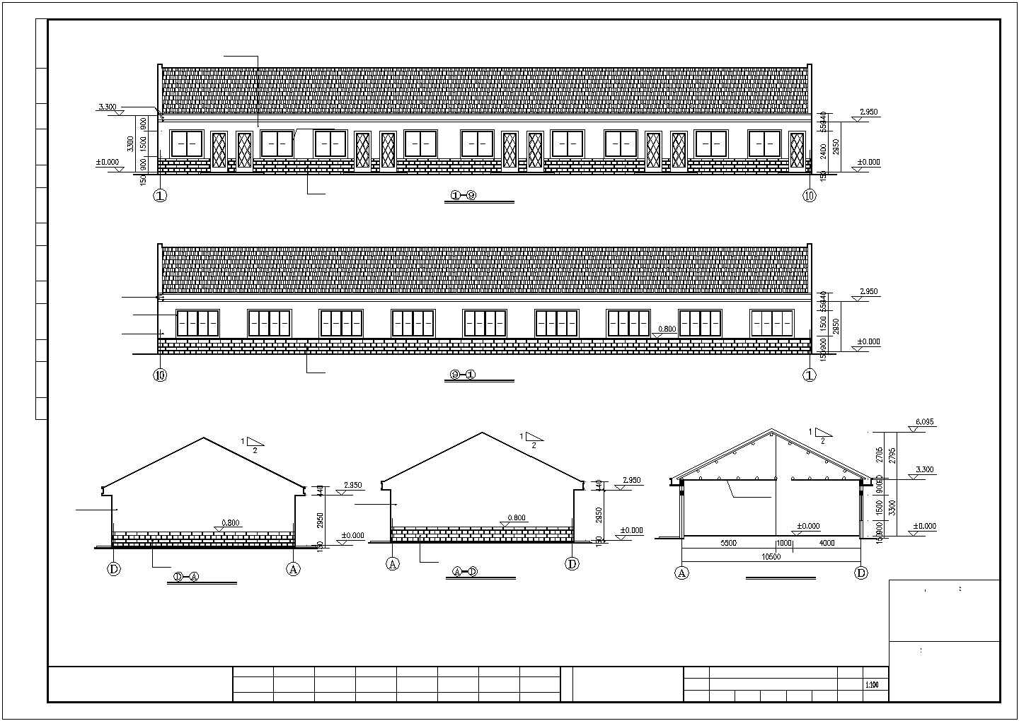 成都某工厂400平米砖混结构职工宿舍楼平立剖面设计CAD图纸