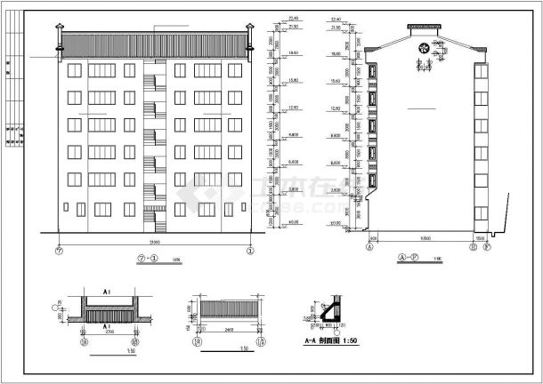 1500平米6层砖混结构商住楼建筑设计CAD图纸（底层沿街商铺）-图二
