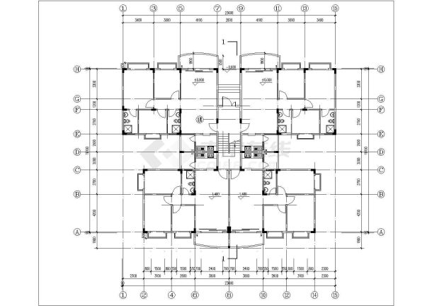 1300平米左右7层砖混结构住宅楼平立剖面设计CAD图纸（1层2户）-图二
