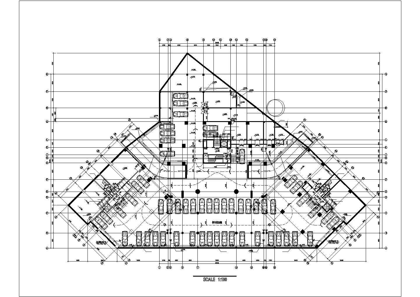 5900平米4层框架结构商用广场平面设计CAD图纸（含架空层和地下层）