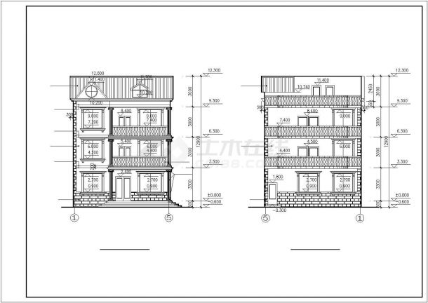 太原市某村镇450平米3+1层砖混结构乡村民居楼平立剖面设计CAD图纸-图二