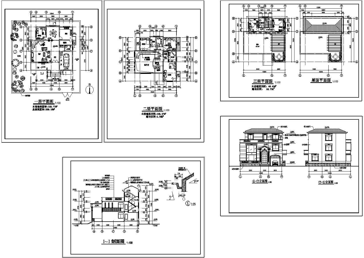 三层别墅建筑详细cad设计施工图纸