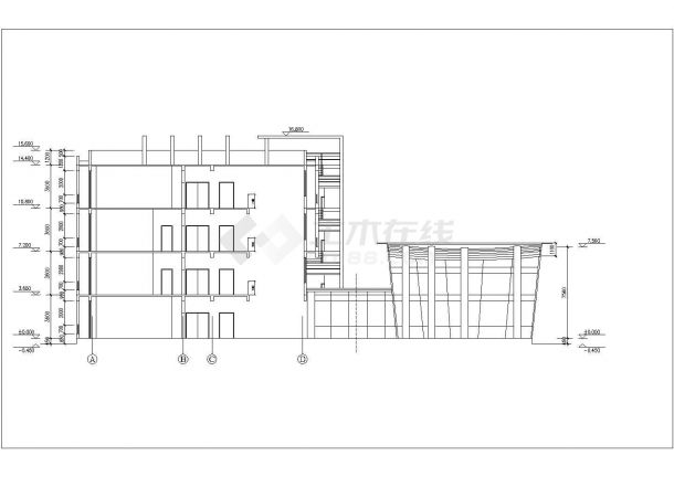 3700平米4层框架结构商务综合楼平立剖面设计CAD图纸-图二