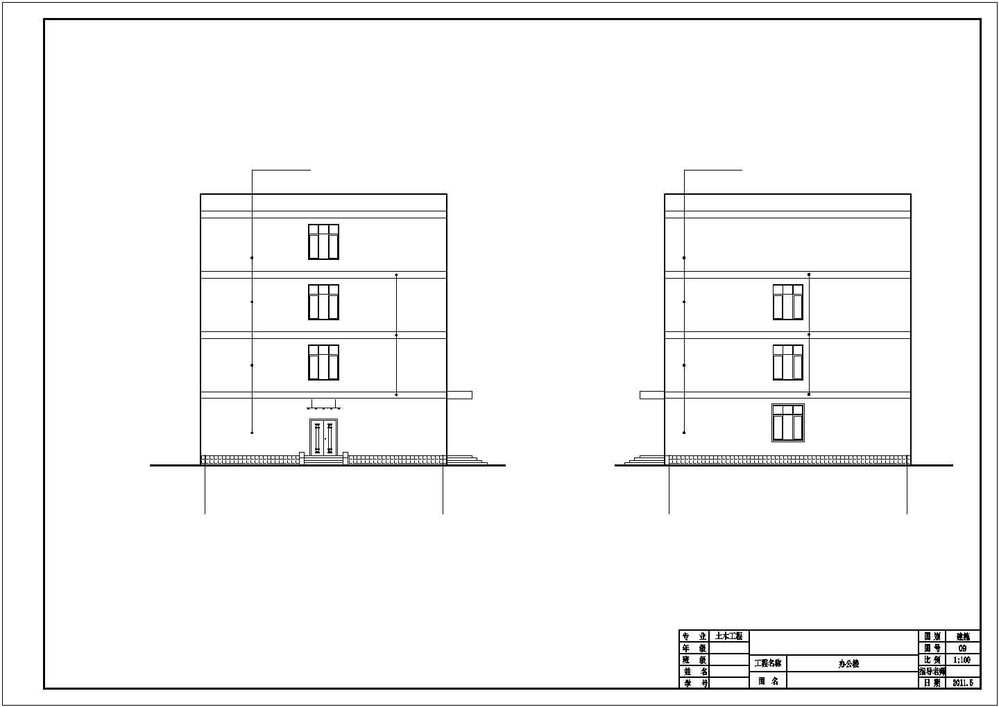 沿街4千平米4层钢混框架结构办公楼平立剖面设计CAD图纸