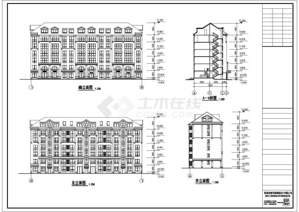 上海嘉定区某小区内部6层联排住宅楼建筑设计CAD图纸-图二