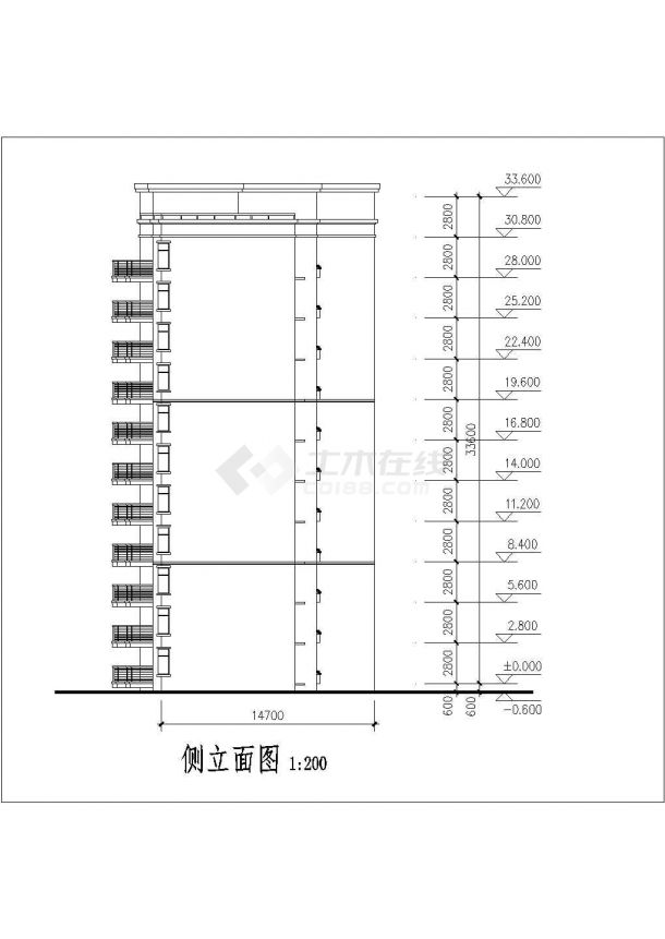 某小区7100平米11+1层框混结构住宅楼平立剖面设计CAD图纸-图二