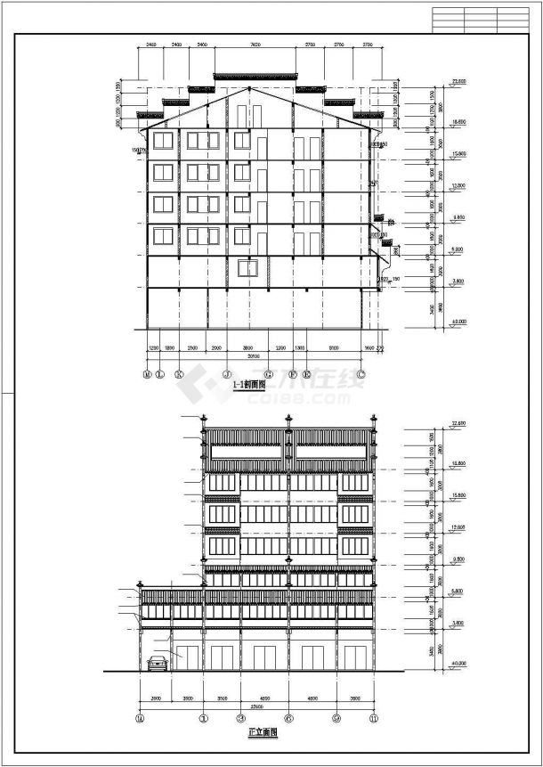 上海市嘉定区某6层徽派商住楼全套建筑设计CAD图纸-图二