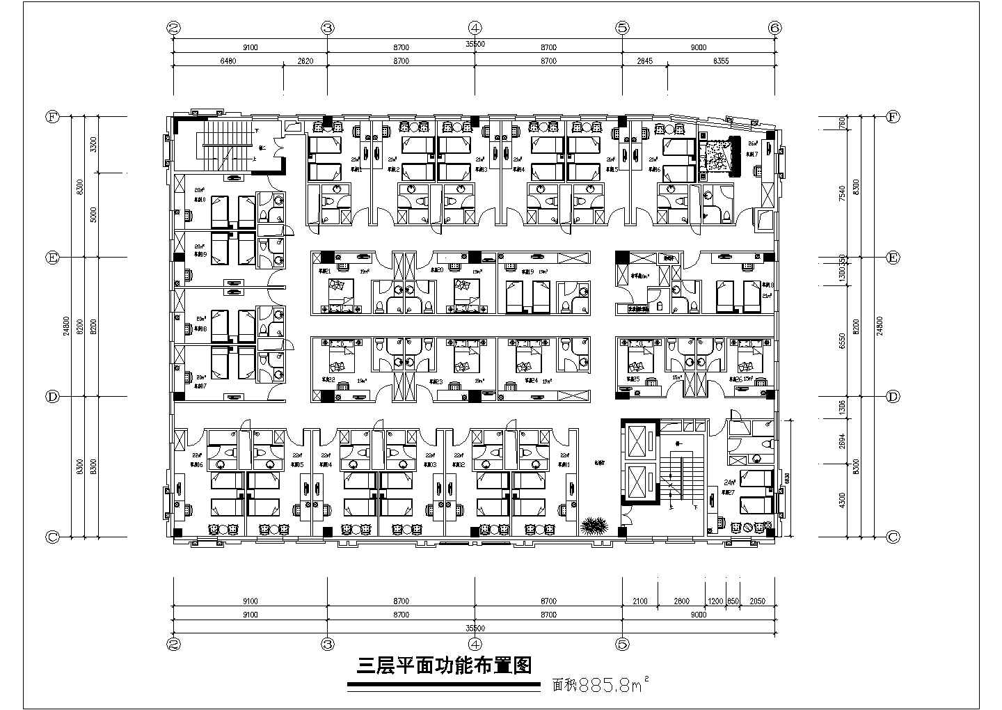 6300平米左右7层框架结构商务酒店平面装修设计CAD图纸