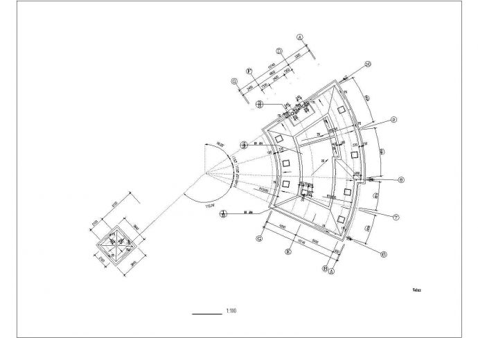 2300平米3层扇形框架结构休闲会所建筑设计CAD图纸（带夹层）_图1