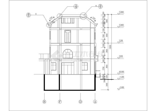 2300平米3层扇形框架结构休闲会所建筑设计CAD图纸（带夹层）-图二