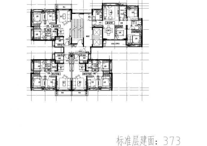 373平方米高层一梯四户住宅户型设计cad图（含效果图）_图1