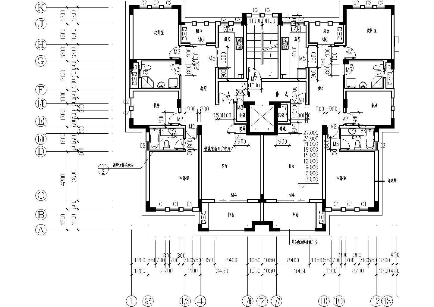 140平方米小高层一梯两户住宅户型设计cad图(含效果图)
