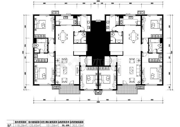 303平方米高层一梯两户住宅户型设计cad图(含效果图)-图一