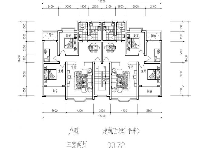 93平方米多层一梯两户住宅户型设计cad图(含效果图)_图1