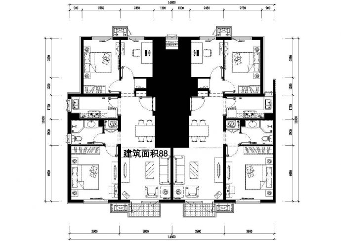 176平方米小高层一梯两户住宅户型设计cad图(含效果图)_图1