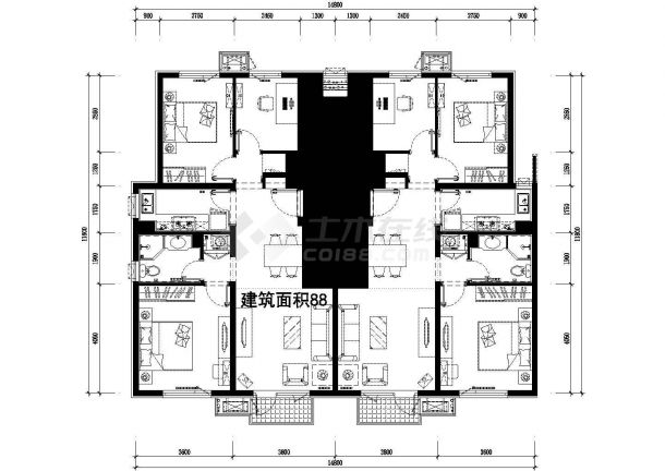 176平方米小高层一梯两户住宅户型设计cad图(含效果图)-图二