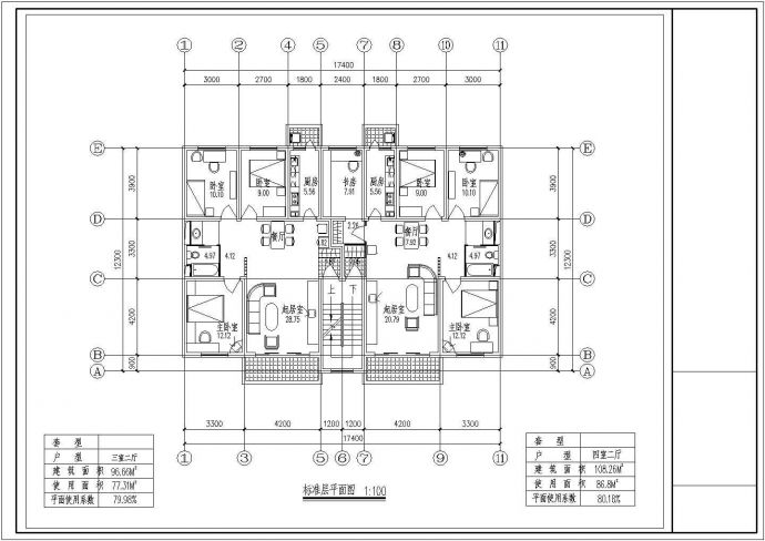 108平方米小区2户不对称型住宅设计cad图纸_图1