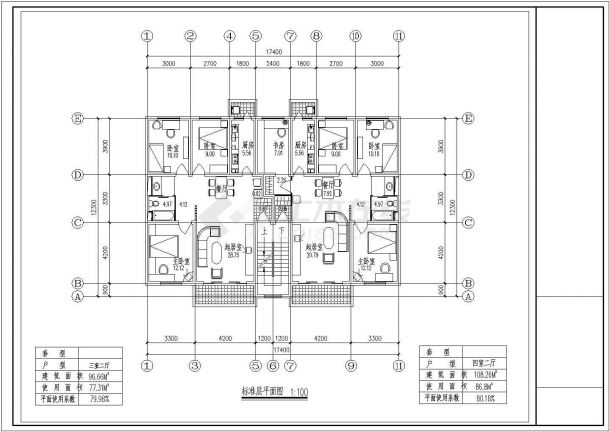 108平方米小区2户不对称型住宅设计cad图纸-图二