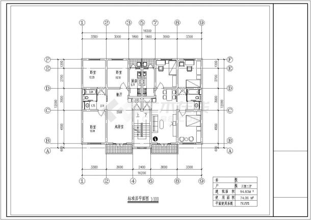 94平方米小区住宅1梯2户对称户型设计cad图(含三室两厅设计)-图一