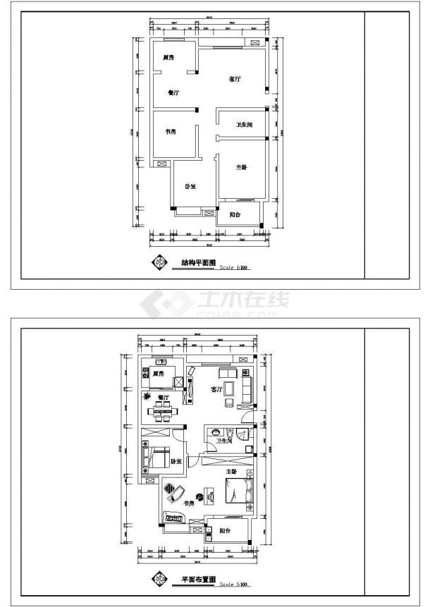 住宅2室2厅1卫1阳台套房户型方案设计cad图纸-图二