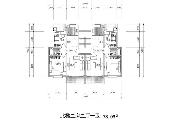 78平米1梯2户户型对称方案设计cad图纸_图1
