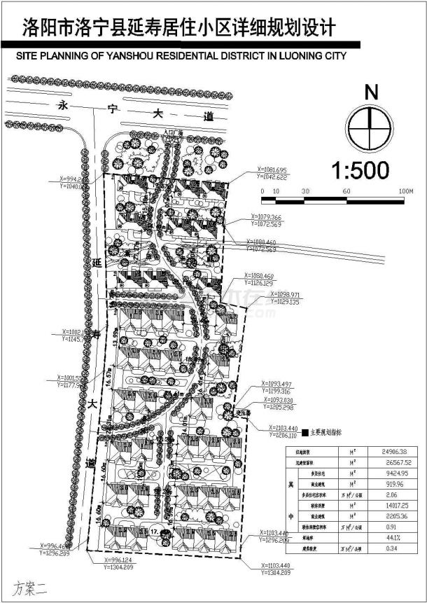洛阳市洛宁县延寿居住小区详细规划设计cad总平面方案图（含经济技术指标，含两种方案设计）-图一