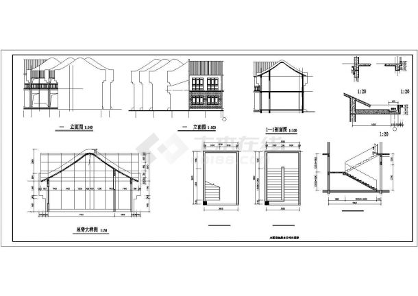 西安某高校1220平米双层框架结构商铺建筑设计CAD图纸-图二