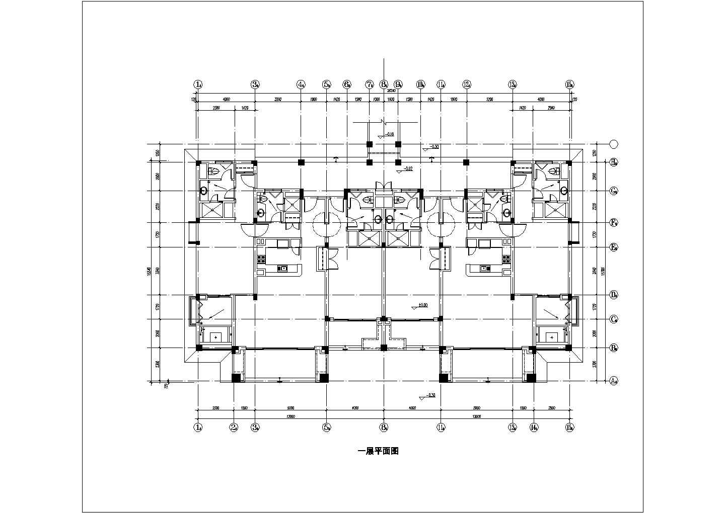 450平米2层砖混结构民居楼平立面设计CAD图纸（1层2户）