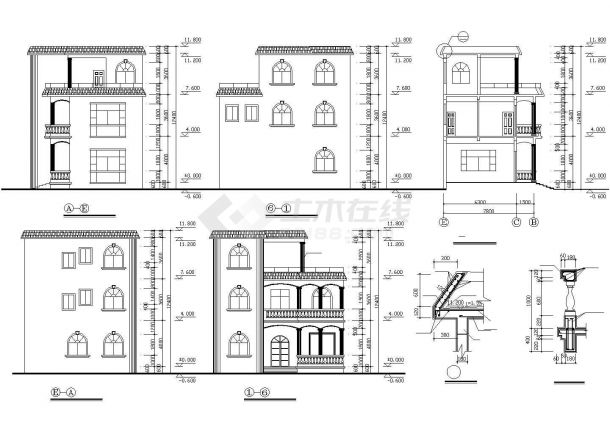 广州某村镇330平米3层砖混结构乡村别墅平立剖面设计CAD图纸（2套方案）-图二