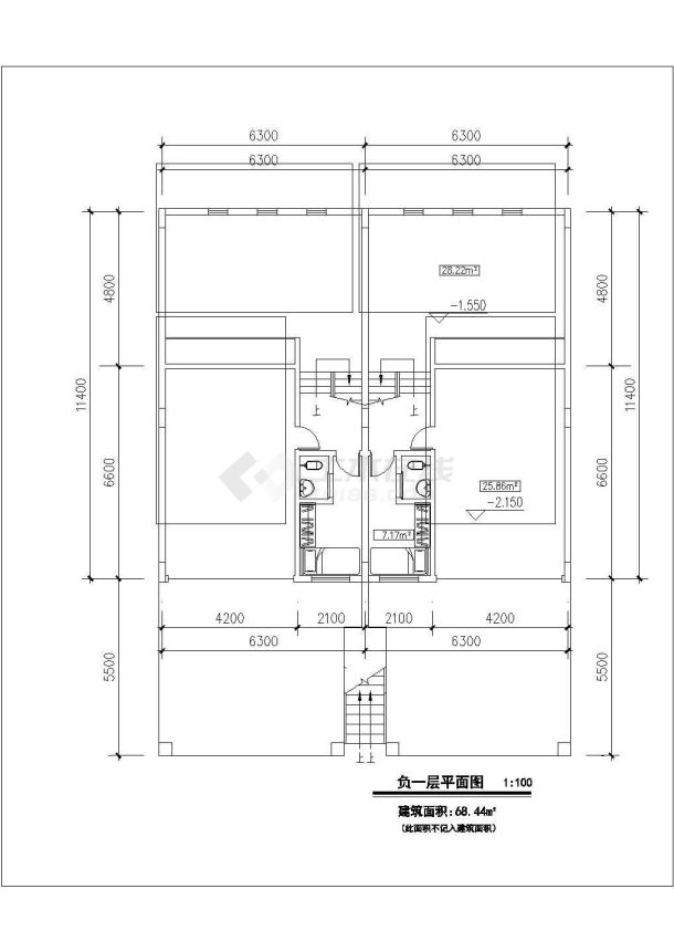 广州某小区3层砖混结构双拼别墅平立剖面设计CAD图纸（每户180平米）-图一