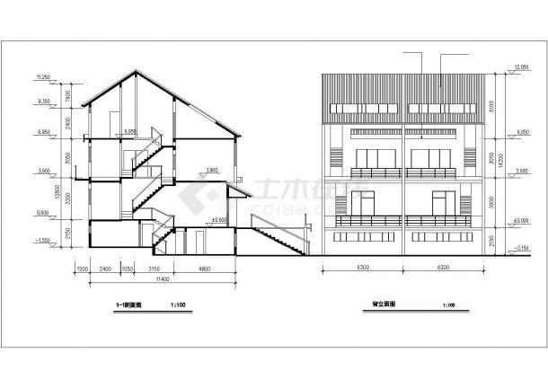 广州某小区3层砖混结构双拼别墅平立剖面设计CAD图纸（每户180平米）-图二
