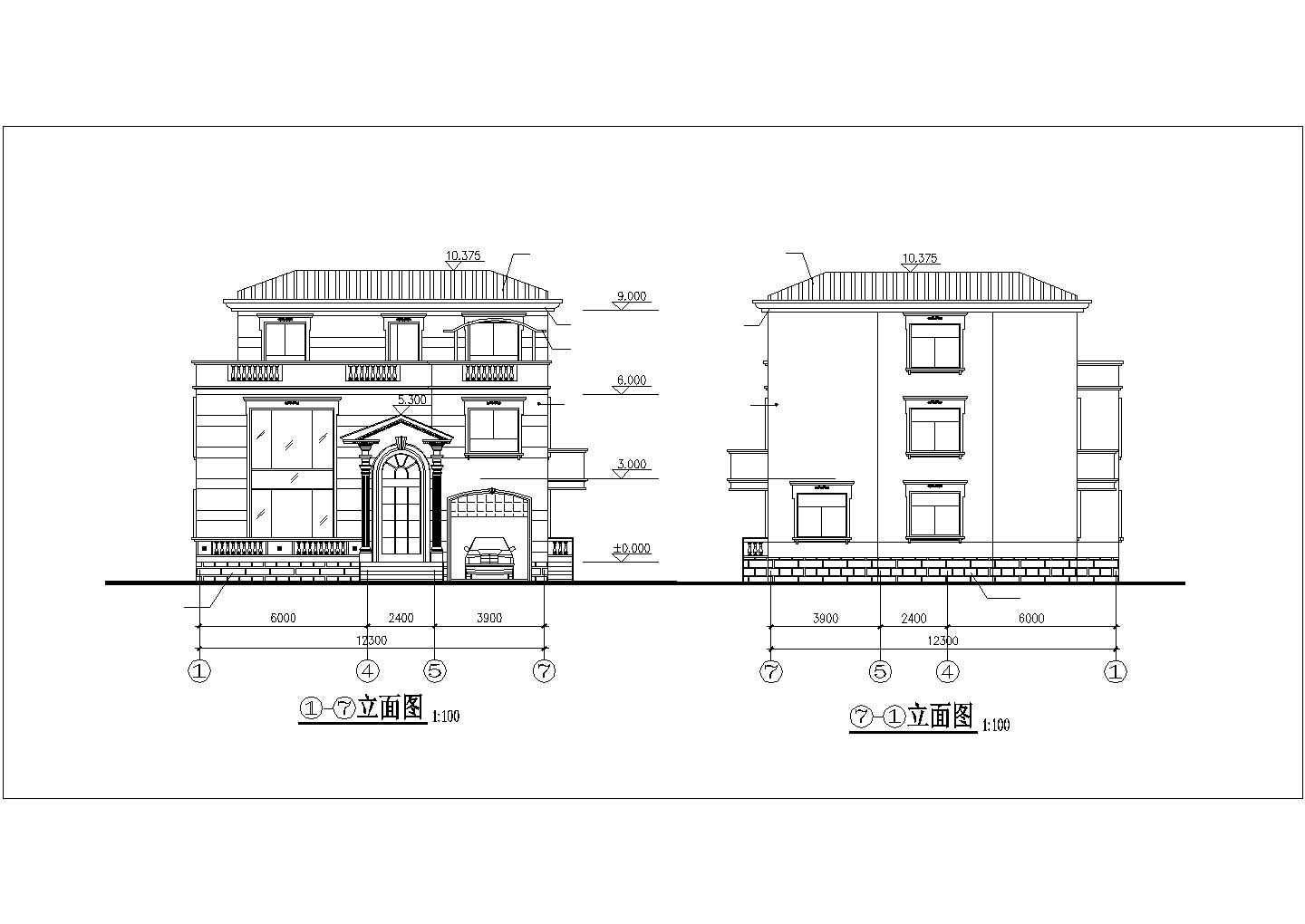 贵阳市某现代化村镇290平米3层框架结构单体别墅平立剖面设计CAD图纸