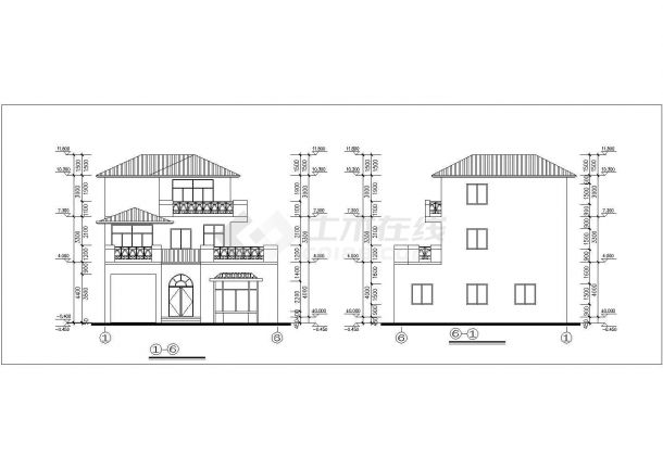 济宁市某村镇310平米3层框混结构乡村别墅平立剖面设计CAD图纸-图二