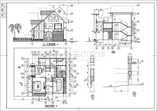 襄樊市某小区280平米三层混合结构单体别墅建筑设计CAD图纸-图二