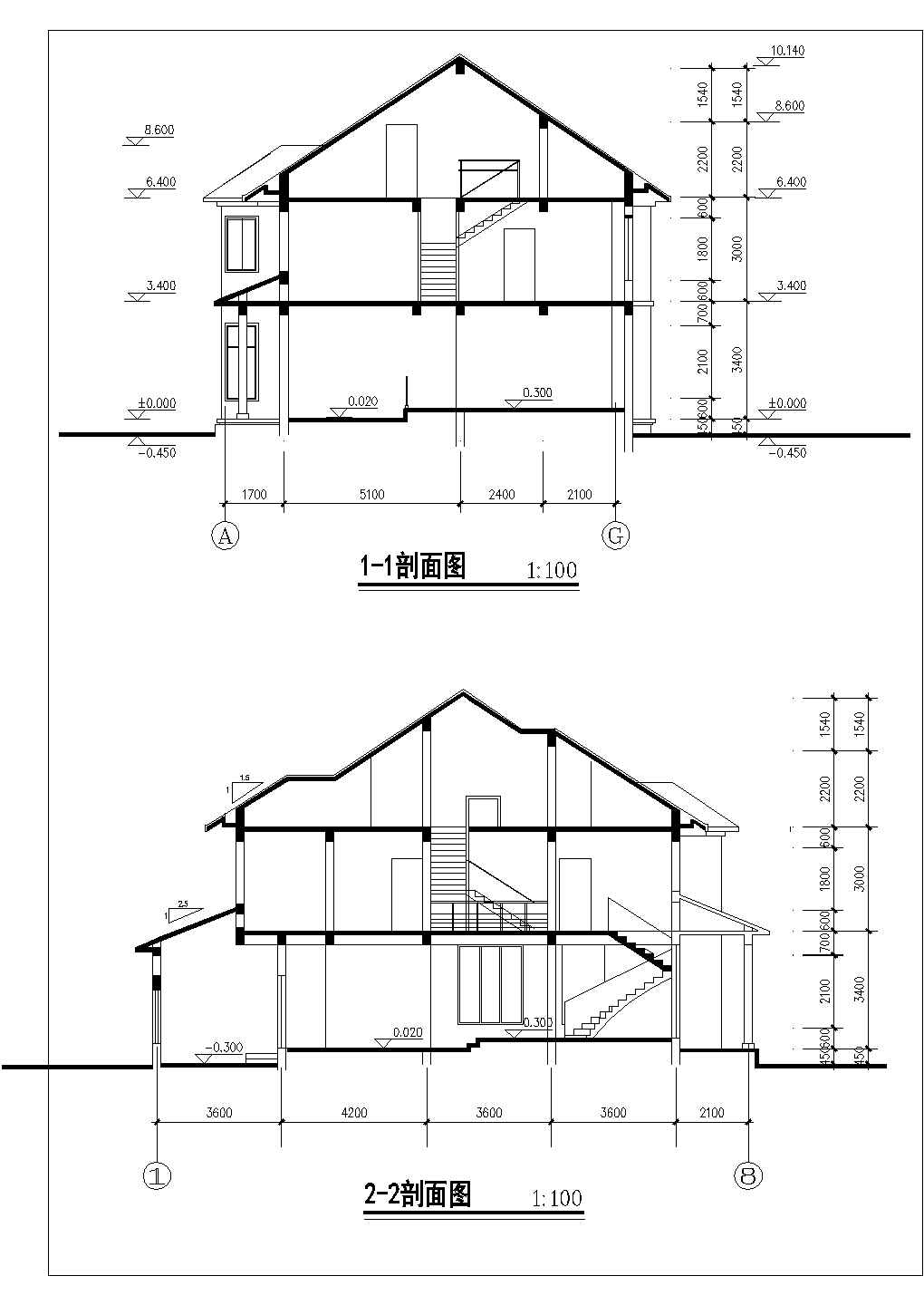某两层精美别墅建筑设计设计CAD平剖面图