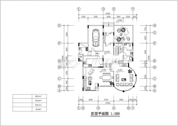 扬州市迎湖村349平米3层框混结构乡村别墅平立面设计CAD图纸-图二