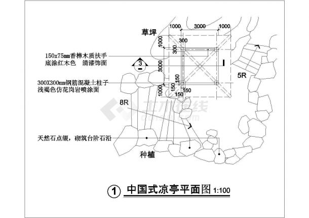 上海市某园林内部小型中国式凉亭建筑设计CAD图纸-图一