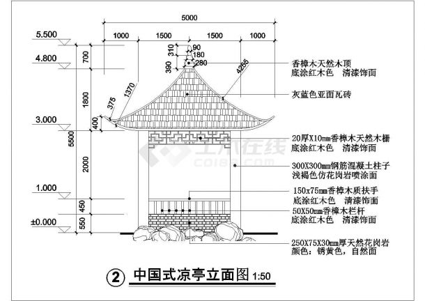 上海市某园林内部小型中国式凉亭建筑设计CAD图纸-图二