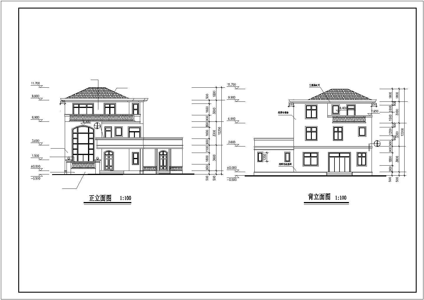 中山市西山花园小区320平米3层框混结构单体别墅平立剖面设计CAD图纸