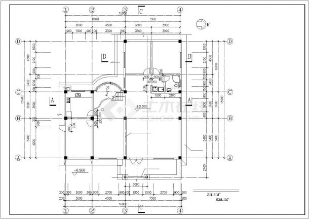 烟台市湖滨花园小区538平米三层框混结构单体别墅建筑设计CAD图纸-图一